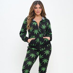 2-Piece Set Leaf Weed Pattern Zip Up Hoodie & Joggers - GREEN/BLACK